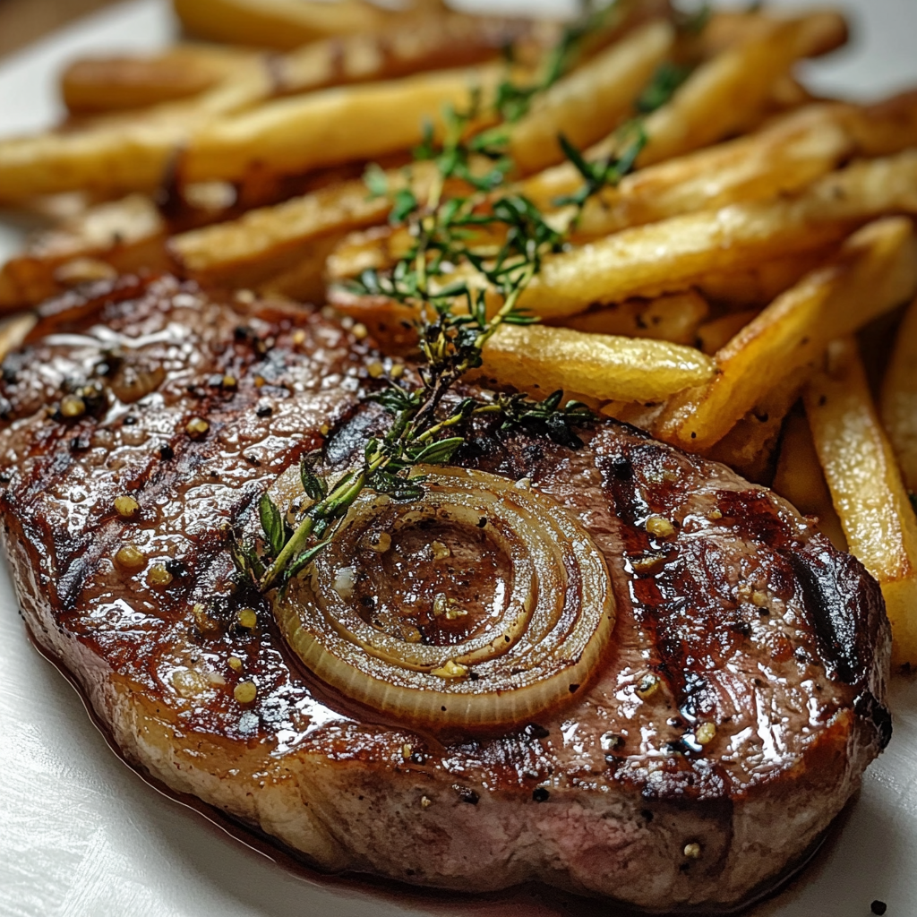 Ribeye Steak with French Onions and Fries