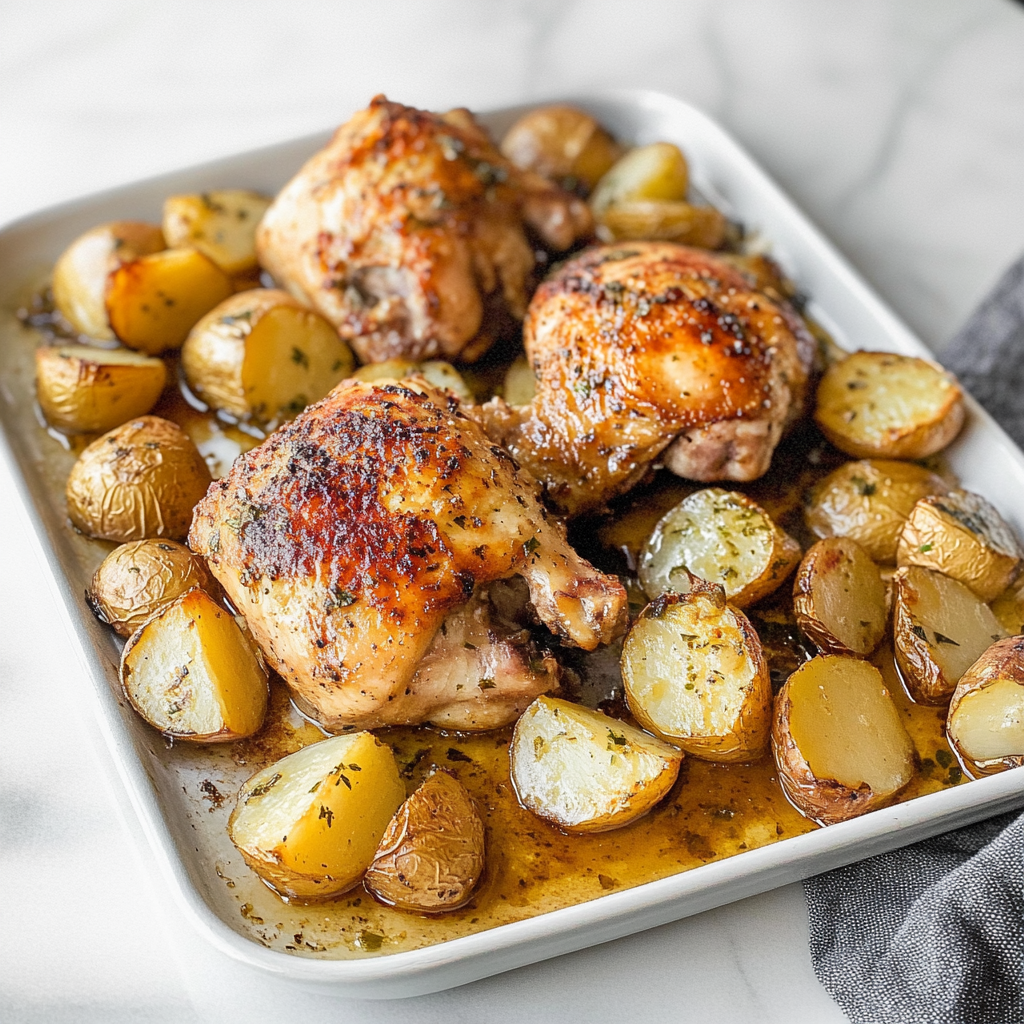 One Pan Garlic Roasted Chicken and Baby Potatoes