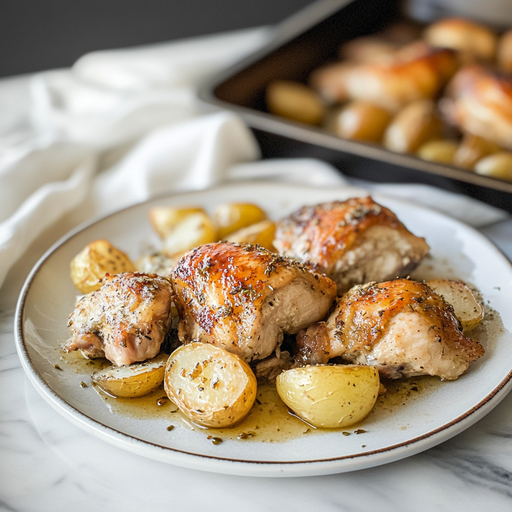 One Pan Garlic Roasted Chicken and Baby Potatoes