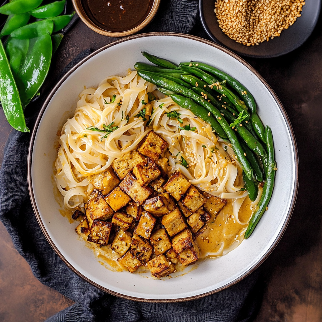 Crispy Tofu Bowls with Curry Noodles and Chili Green Beans