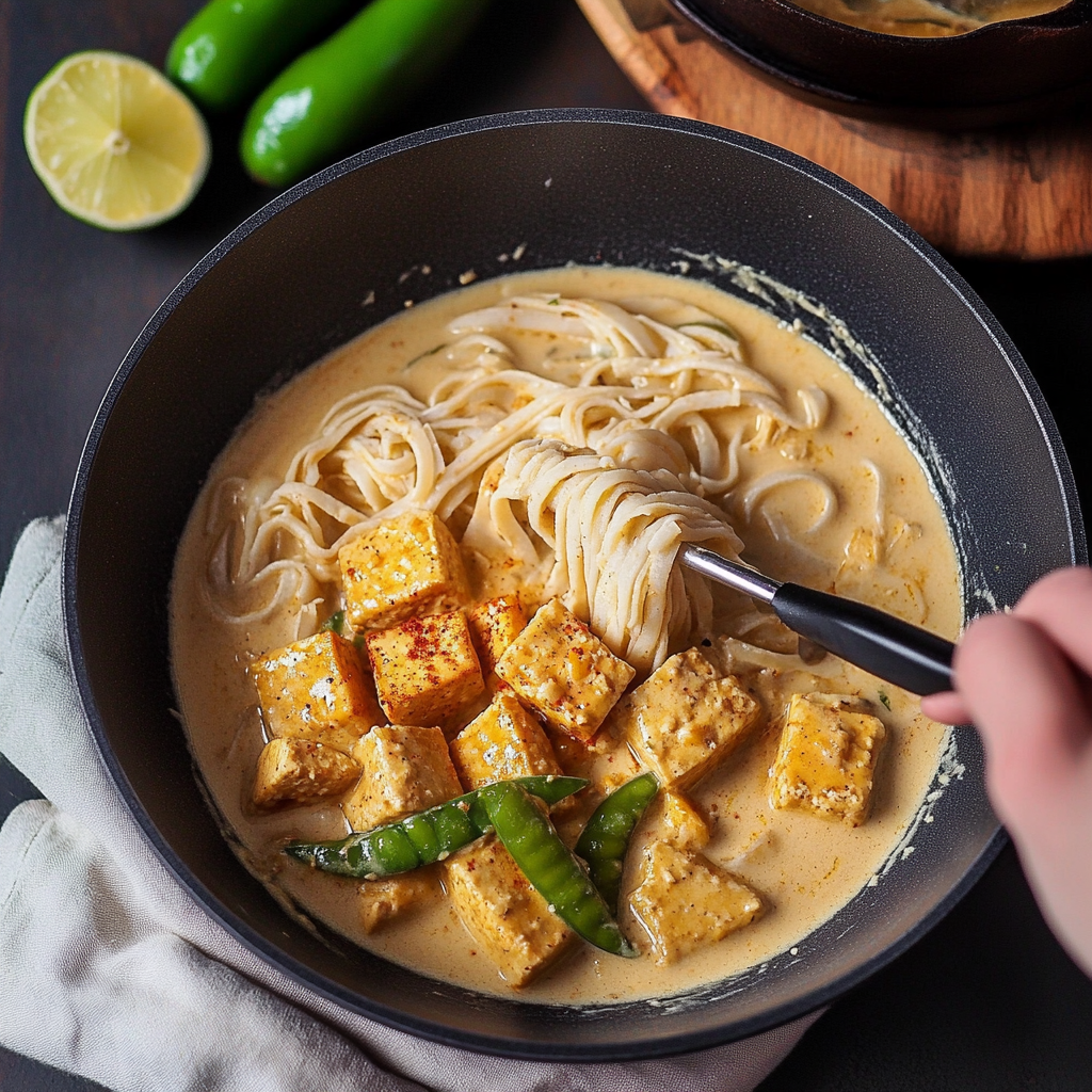 Crispy Tofu Bowls with Curry Noodles and Chili Green Beans