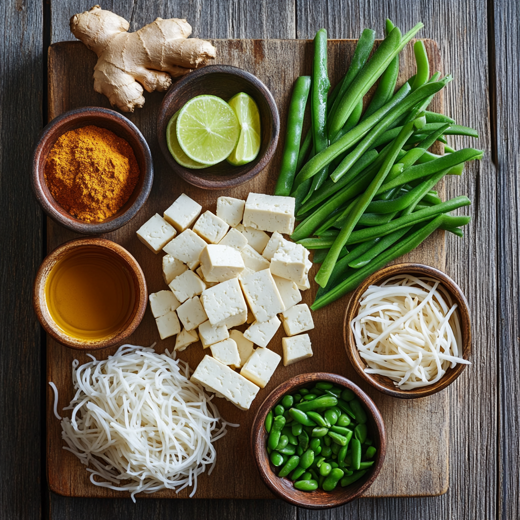 Crispy Tofu Bowls with Curry Noodles and Chili Green Beans ingredients