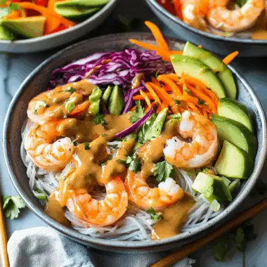 Rainbow Spring Roll Bowls with Shrimp or Chicken and Peanut Sauce 1