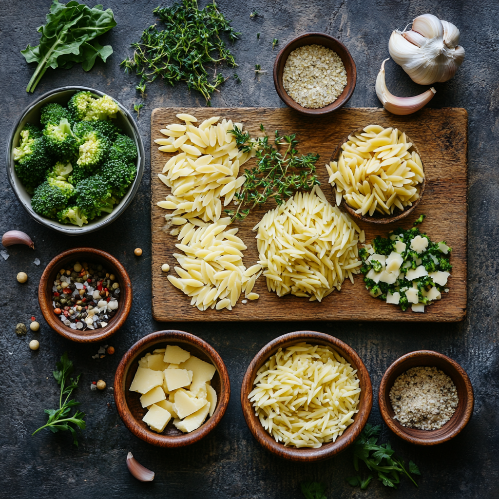 Creamy One Pot Broccoli Cheddar Orzo ingredients