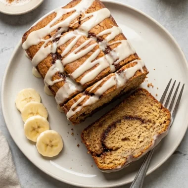 Cinnamon Roll Banana Bread with Cream Cheese Glaze finished recipe