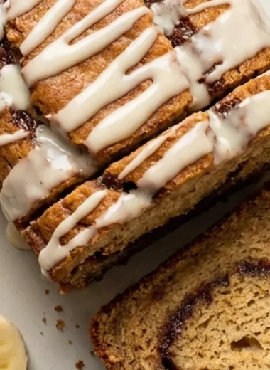 Cinnamon Roll Banana Bread with Cream Cheese Glaze finished recipe