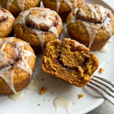 Pumpkin Cinnamon Roll Muffins with Vanilla Glaze finished recipe