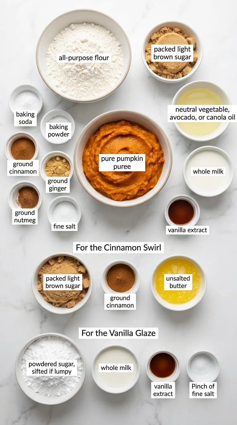 Pumpkin Cinnamon Roll Muffins with Vanilla Glaze ingredients