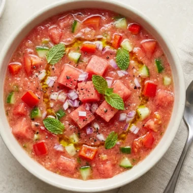 Watermelon Gazpacho with Tomato and Cucumber finished recipe