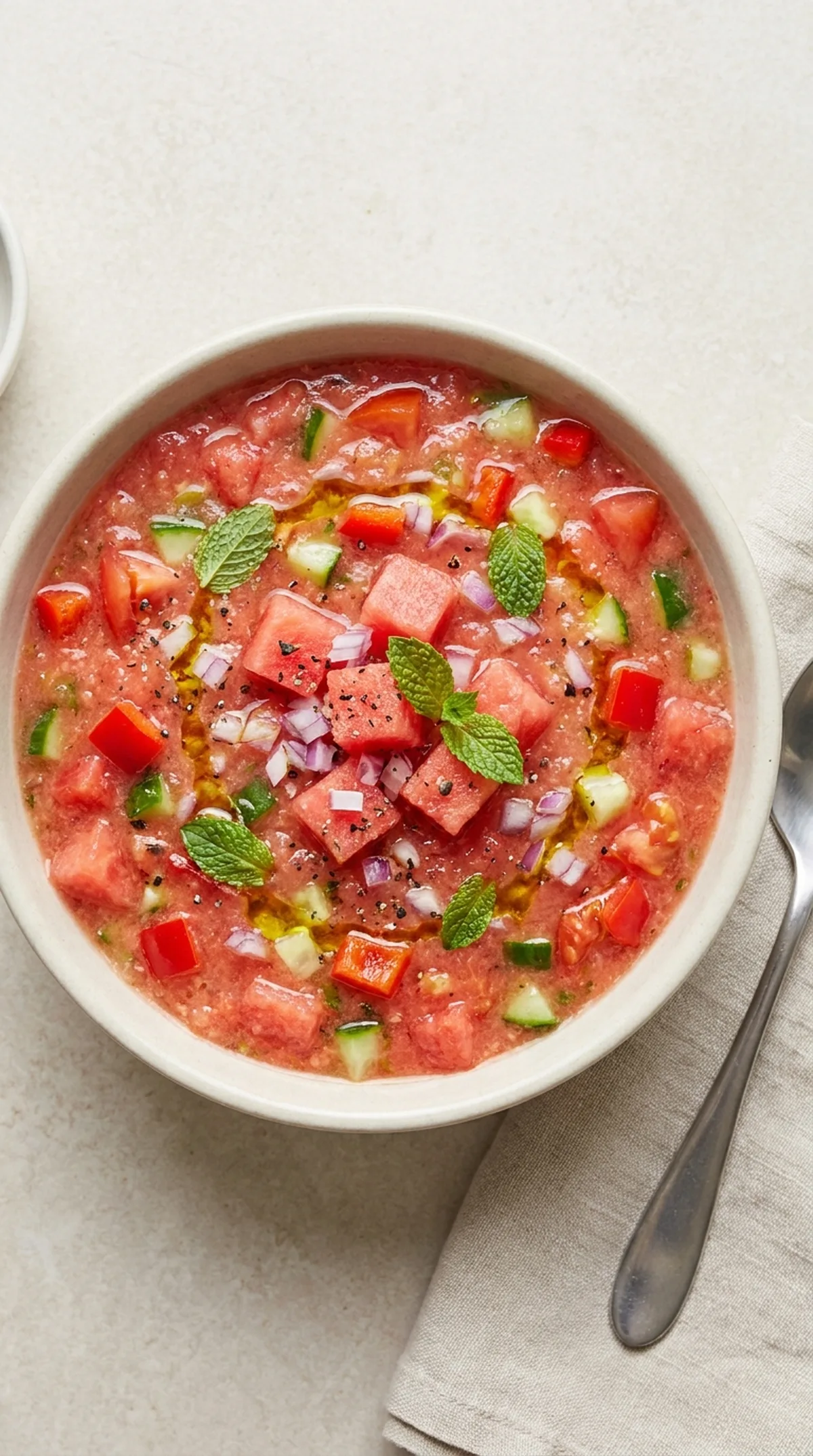 Watermelon Gazpacho with Tomato and Cucumber finished recipe