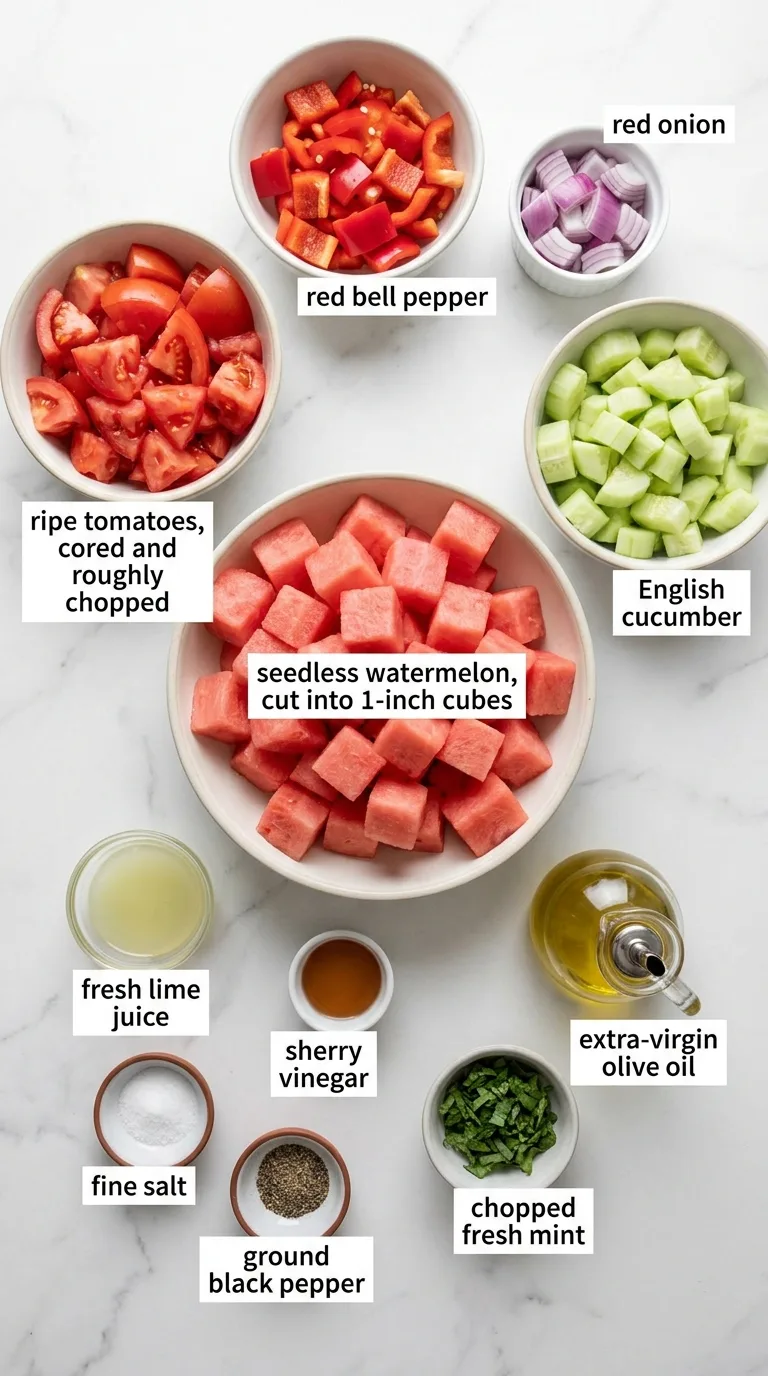 Watermelon Gazpacho with Tomato and Cucumber ingredients