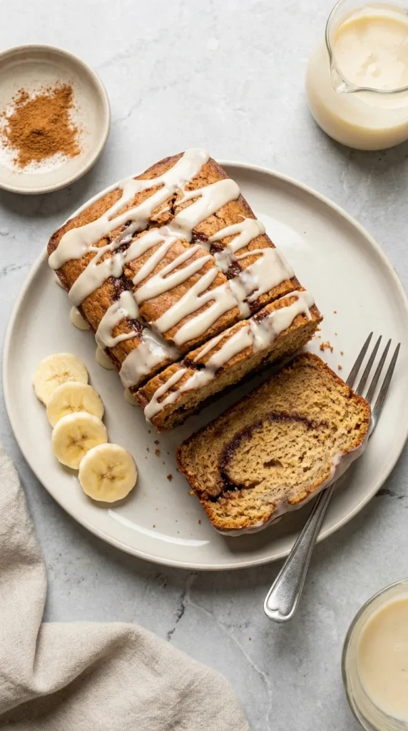 Cinnamon Roll Banana Bread with Cream Cheese Glaze full finished recipe