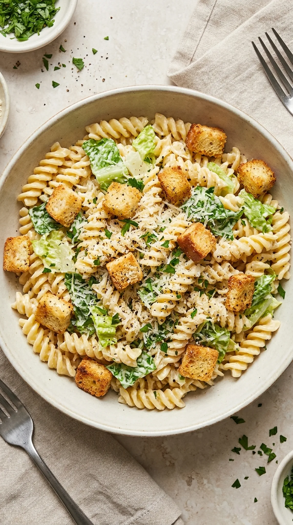 Creamy Caesar Salad Pasta finished recipe