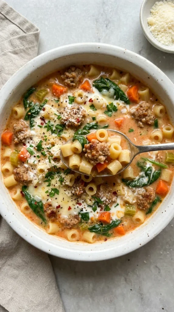 Creamy Parmesan Sausage Ditalini Soup full finished recipe