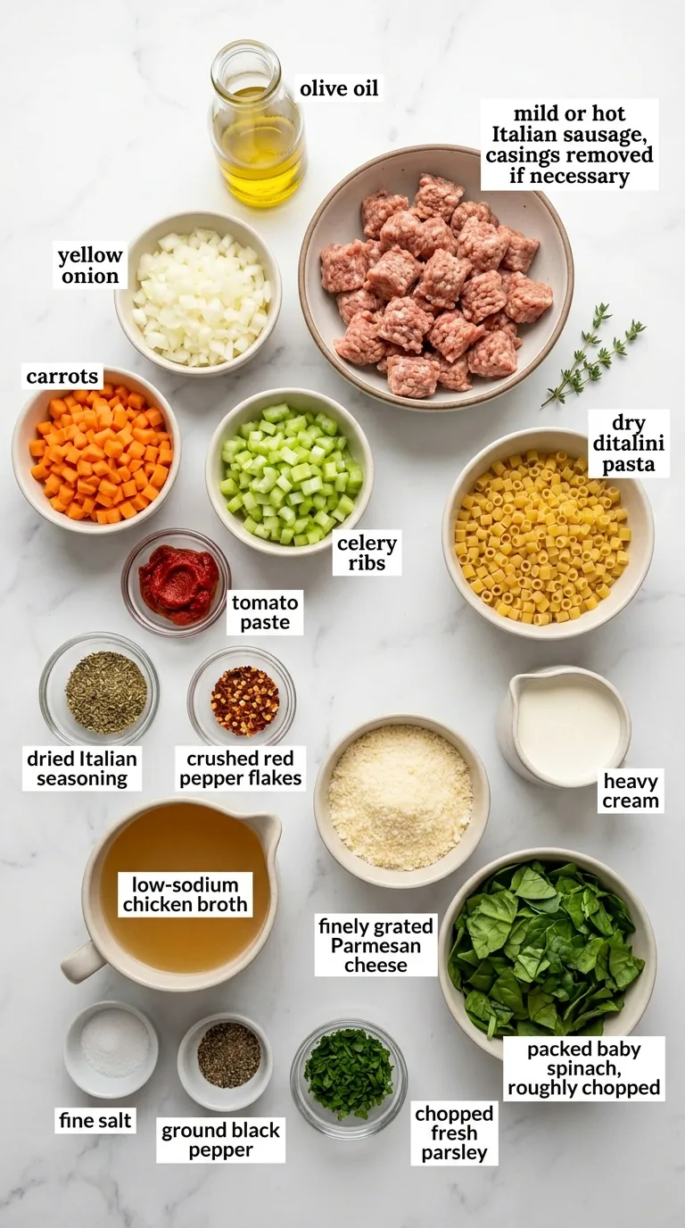 Creamy Parmesan Sausage Ditalini Soup ingredients
