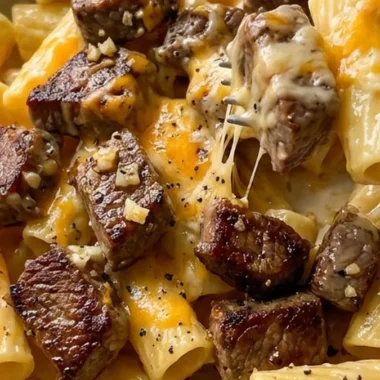 Garlic Butter Steak Tips with Cheesy Rigatoni finished recipe