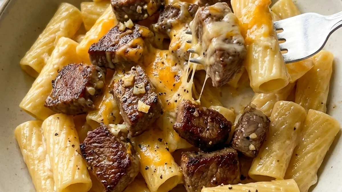 Garlic Butter Steak Tips with Cheesy Rigatoni finished recipe