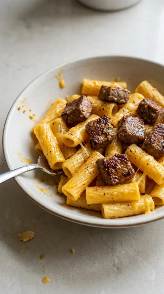 Garlic Butter Steak Tips with Cheesy Rigatoni full finished recipe