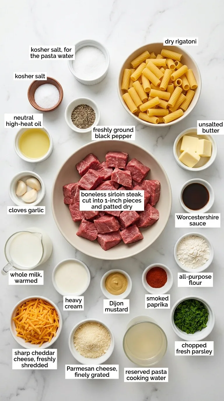 Garlic Butter Steak Tips with Cheesy Rigatoni ingredients
