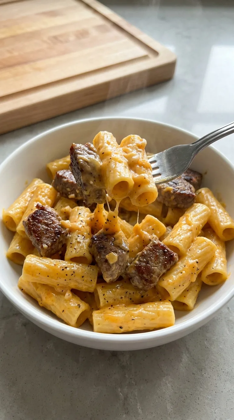 Garlic Butter Steak Tips with Cheesy Rigatoni final dish