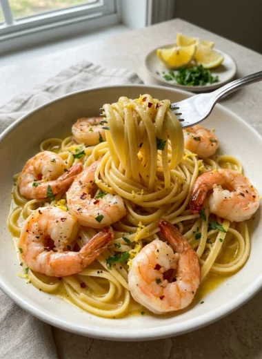 Lemon Butter Garlic Shrimp Pasta finished recipe