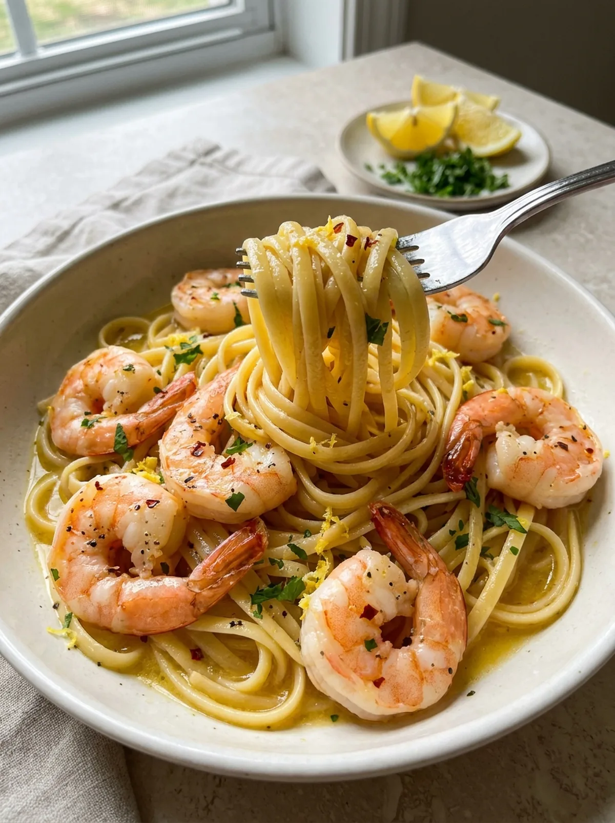 Lemon Butter Garlic Shrimp Pasta finished recipe