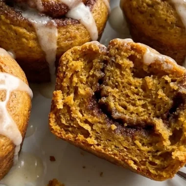 Pumpkin Cinnamon Roll Muffins with Vanilla Glaze finished recipe