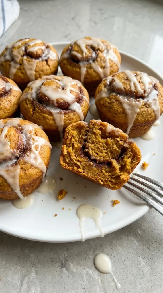 Pumpkin Cinnamon Roll Muffins with Vanilla Glaze full finished recipe