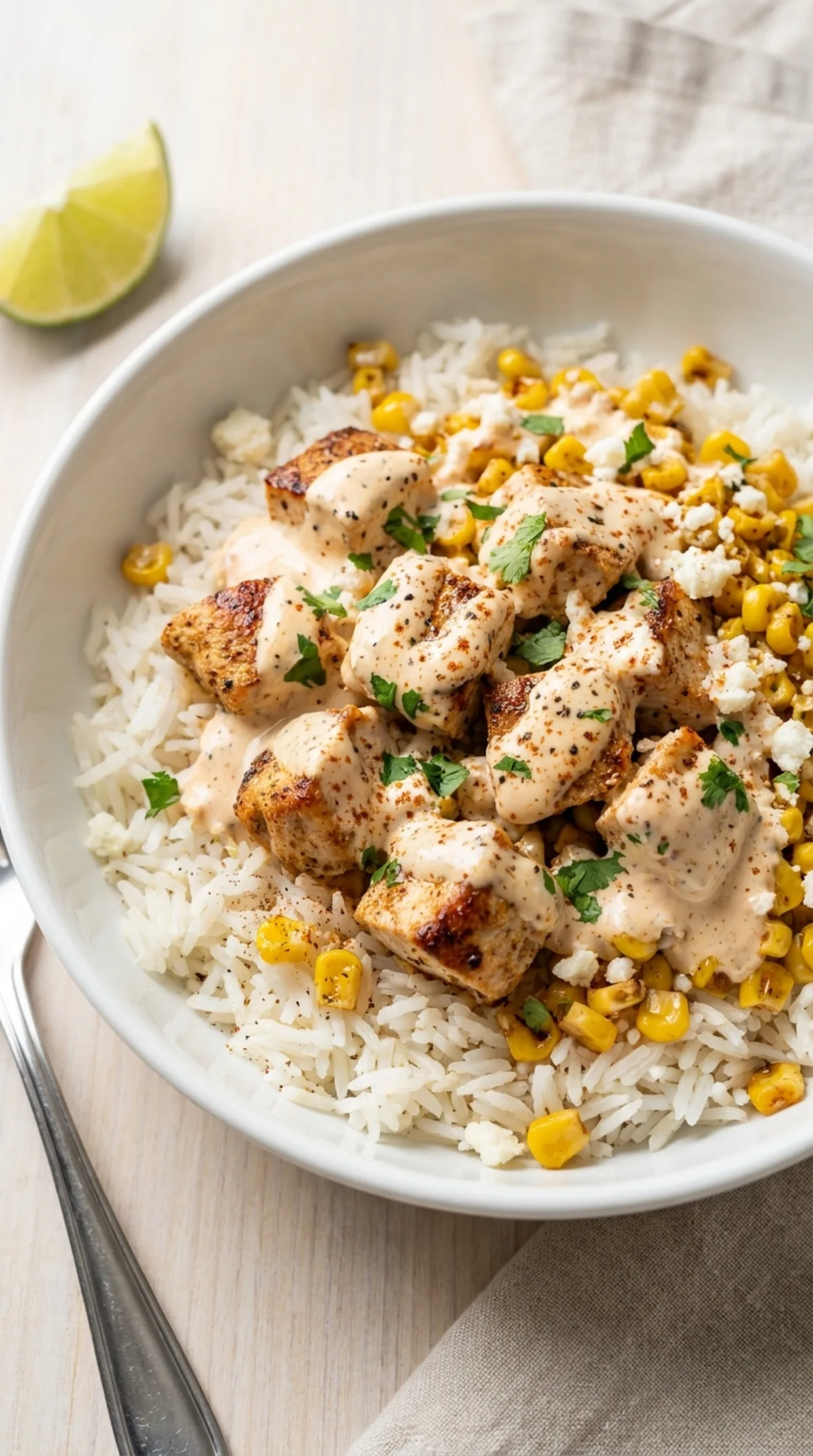 Street Corn Chicken and Rice Bowls finished recipe