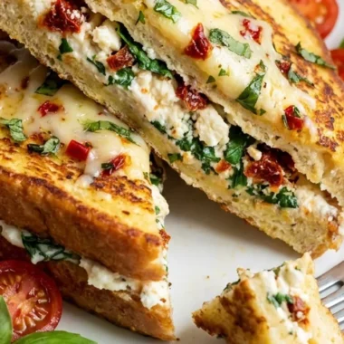 Sun-Dried Tomato and Feta Stuffed French Toast finished recipe