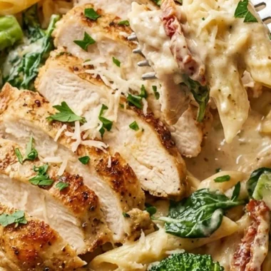 Tuscan Chicken with Creamy Broccoli Alfredo Penne finished recipe