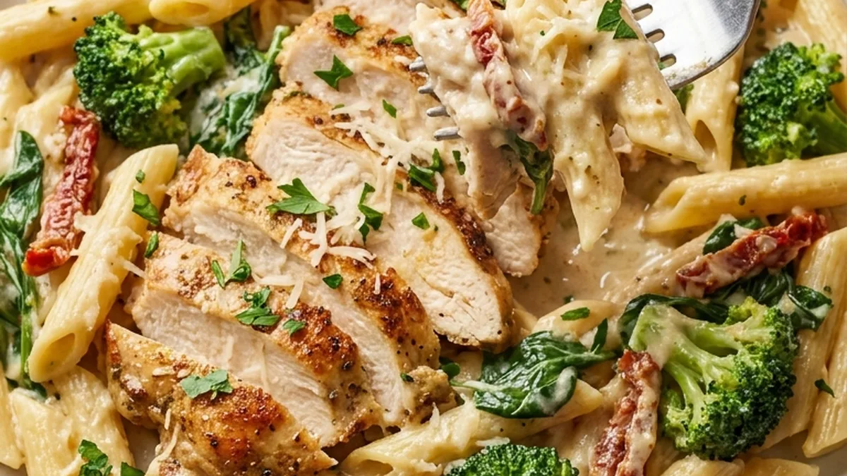 Tuscan Chicken with Creamy Broccoli Alfredo Penne finished recipe