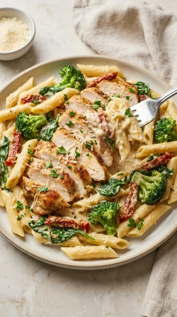 Tuscan Chicken with Creamy Broccoli Alfredo Penne full finished recipe