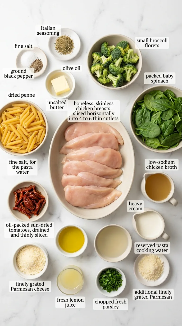 Tuscan Chicken with Creamy Broccoli Alfredo Penne ingredients