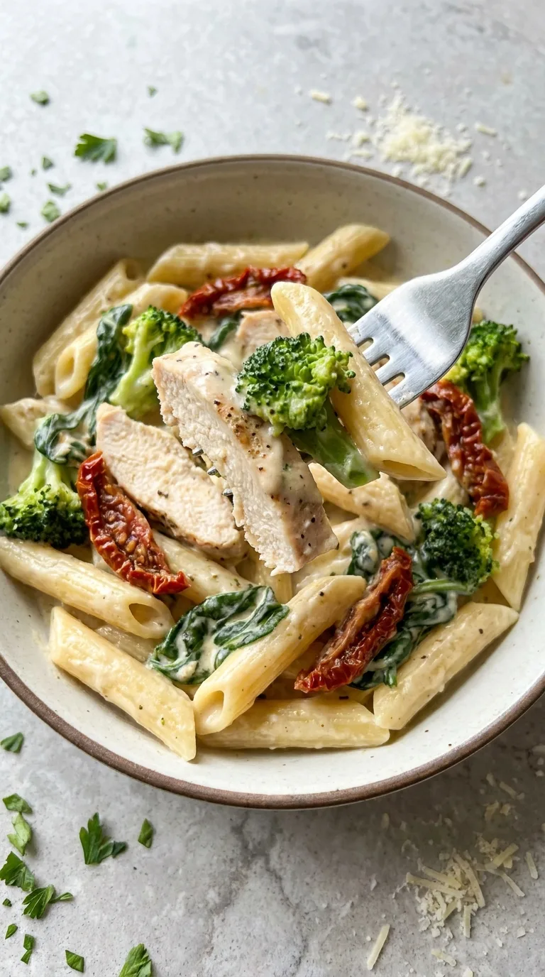 Tuscan Chicken with Creamy Broccoli Alfredo Penne final dish