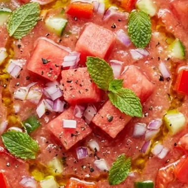 Watermelon Gazpacho with Tomato and Cucumber finished recipe