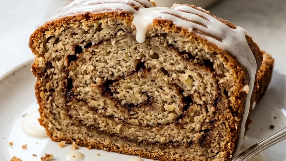 Cinnamon Roll Banana Bread with Cream Cheese Glaze finished recipe