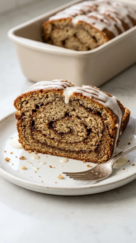 Cinnamon Roll Banana Bread with Cream Cheese Glaze full finished recipe