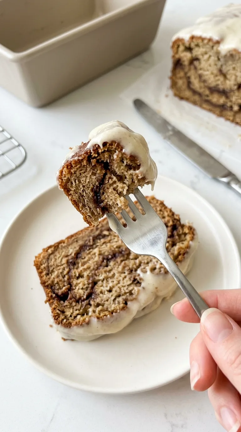 Cinnamon Roll Banana Bread with Cream Cheese Glaze final dish