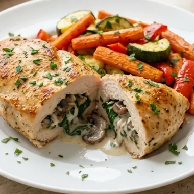 Creamy Mushroom and Spinach Stuffed Chicken finished recipe