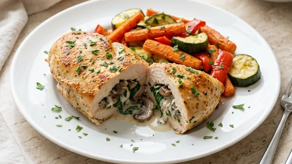 Creamy Mushroom and Spinach Stuffed Chicken finished recipe
