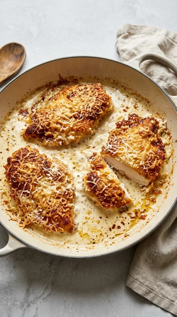 Crispy Parmesan Chicken with Dreamy Garlic Sauce full finished recipe