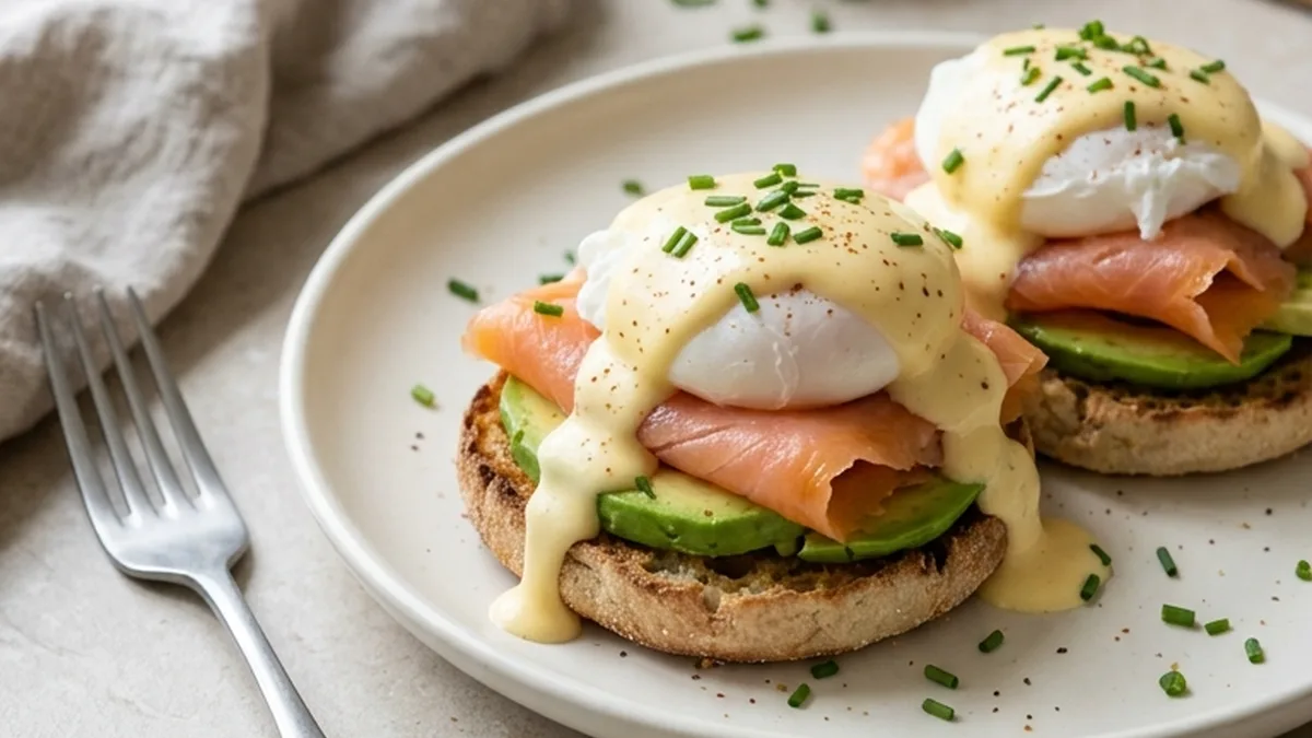 Smoked Salmon and Avocado Eggs Royale finished recipe