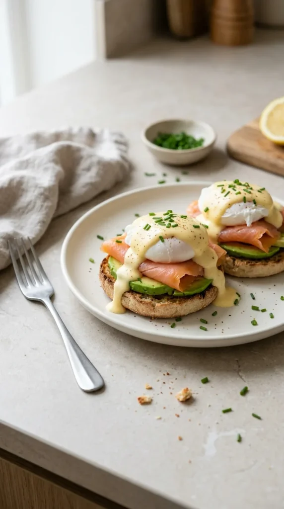 Smoked Salmon and Avocado Eggs Royale full finished recipe